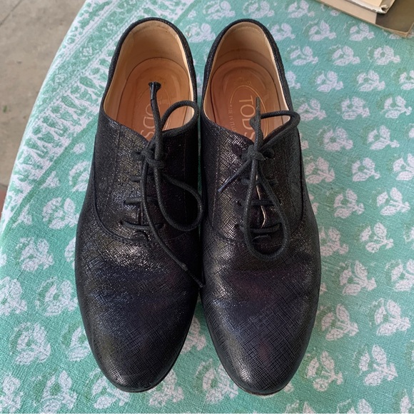 Tod's Shoes - Tods Black Leather Metallic Shimmer Lace Up Oxford